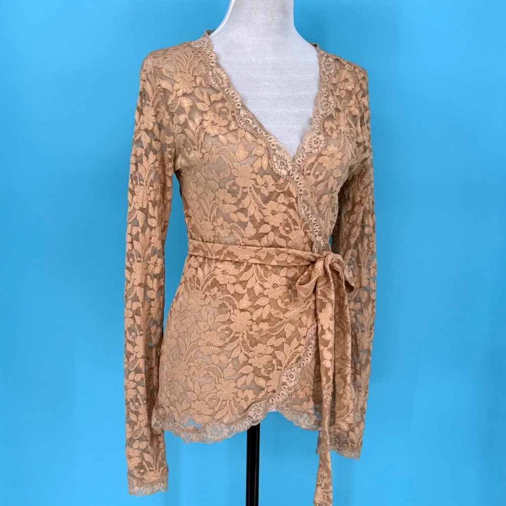 Moda International Tan Floral Lace Wrap Top Long Sleeve V-Neck Medium Y2K